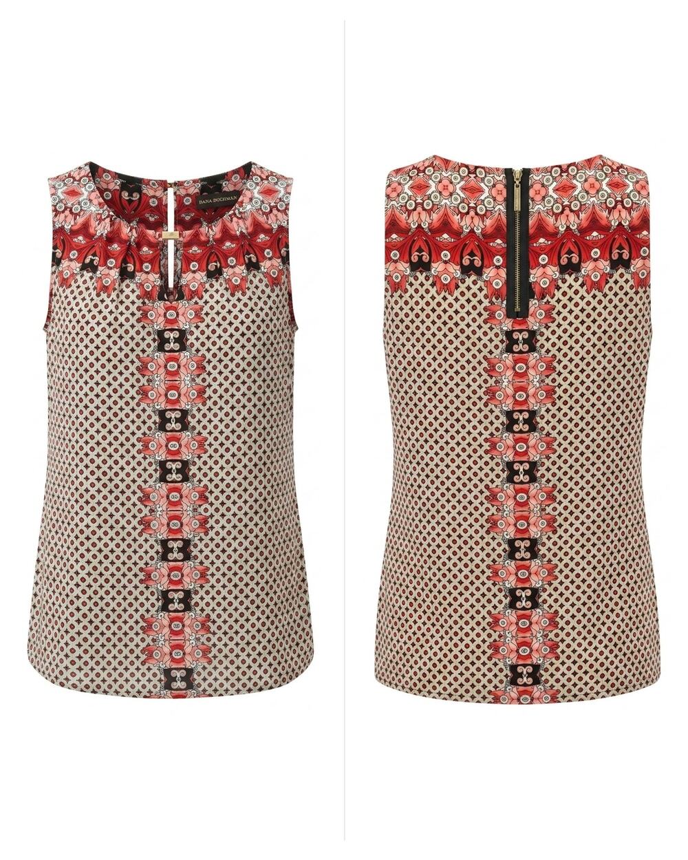 Dana Buchman Red Print Sleeveless Keyhole Blouse Women See Measurements